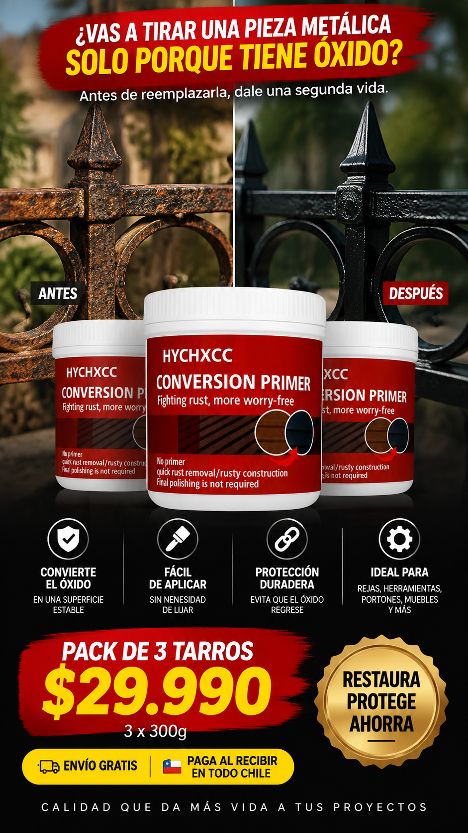 MetalRevive™ | Tratamiento para Óxido en Rejas y Metales · Pack 3 x 300 g